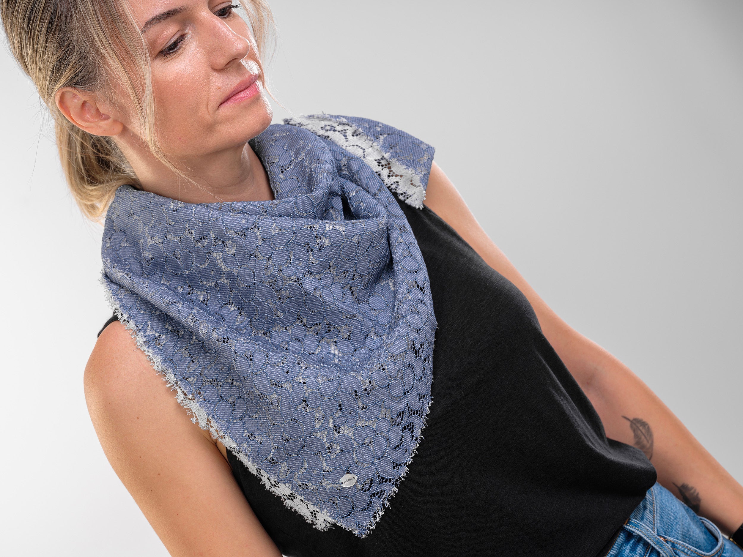Denim Printed Lace Scarf Dark Blue